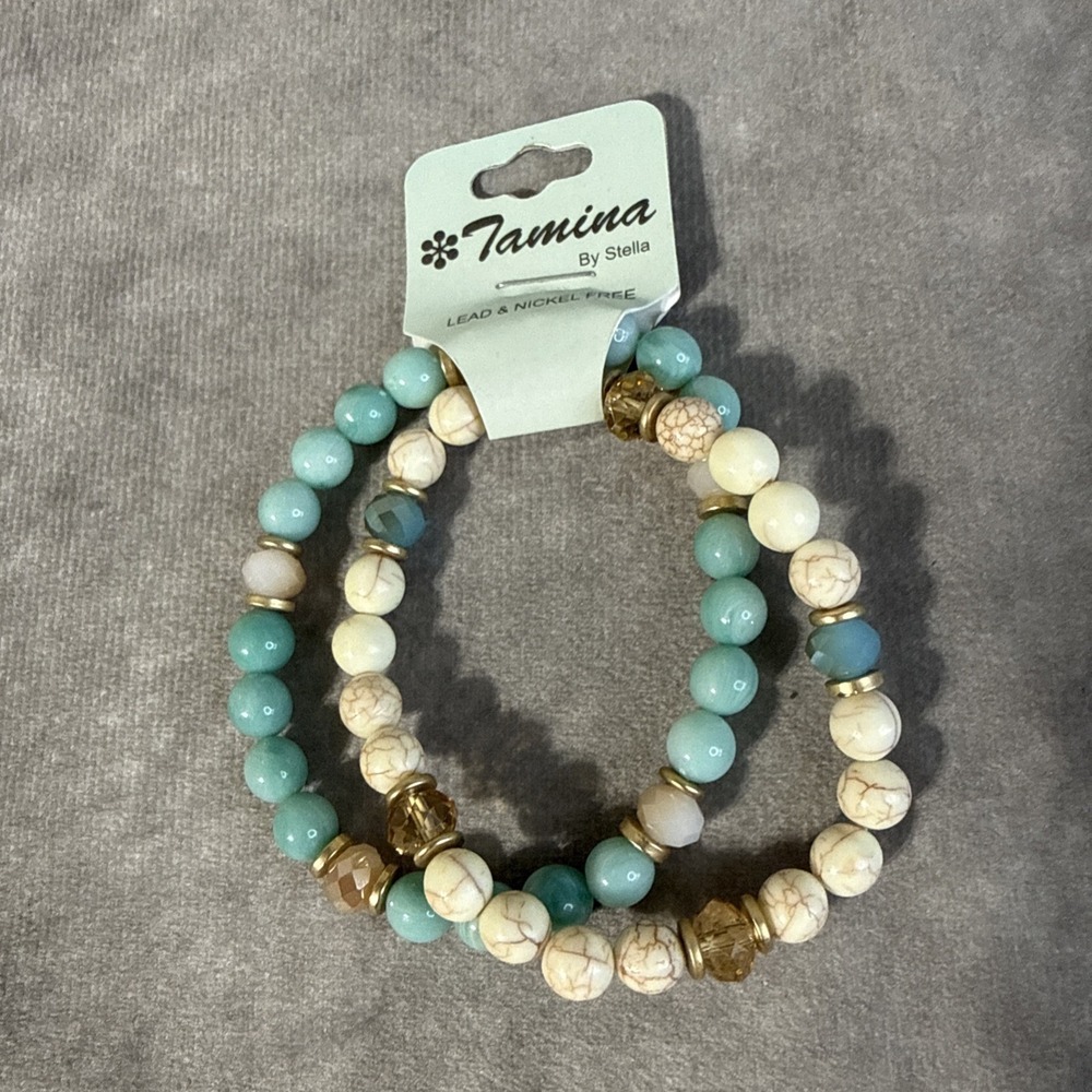 Tamina By Stella 2 Stretch Bracelet Faux Turquoise Gold Tone Marbled Beads